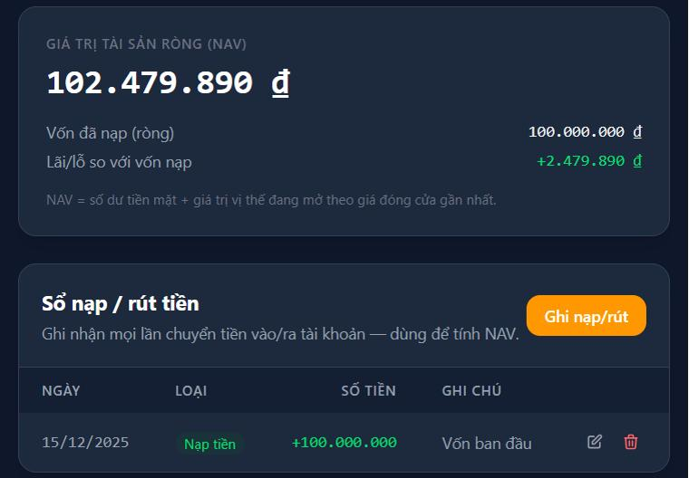 Card NAV và sổ nạp/rút tiền trong trang Tài khoản
