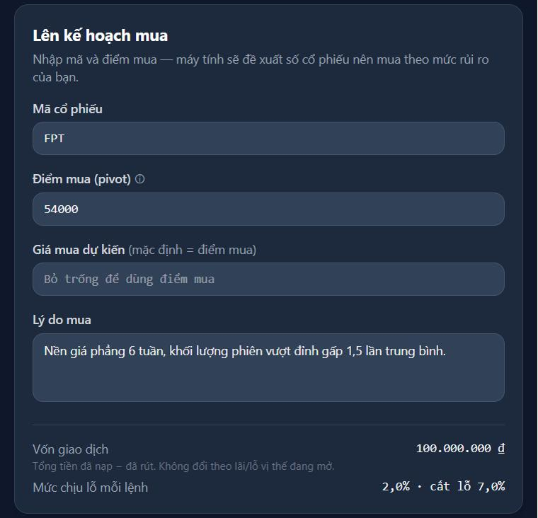 Form lên kế hoạch mua: mã FPT, điểm mua 54.000, lý do mua