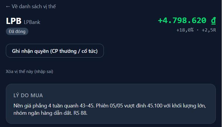Đầu trang chi tiết lệnh LPB: đã đóng, lãi 4.798.620 đồng, +18,0%, +2,5R, lý do mua