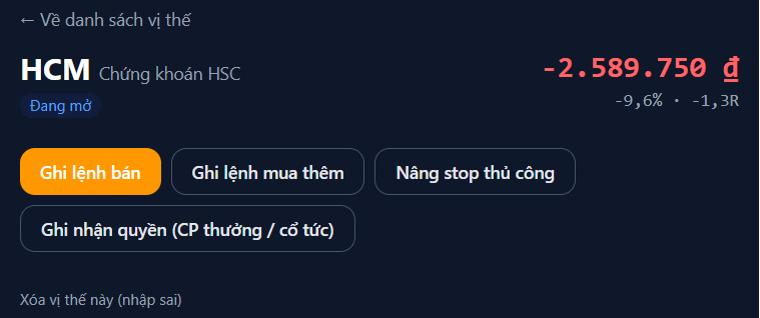 Trang chi tiết vị thế đang mở với các nút Ghi lệnh bán, Ghi lệnh mua thêm, Nâng stop thủ công, Ghi nhận quyền