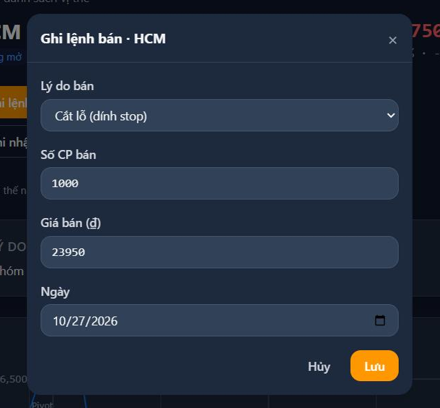 Hộp thoại Ghi lệnh bán: lý do bán, số CP, giá bán, ngày